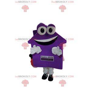 Mascotte de maison mauve très souriante. Costume de maison