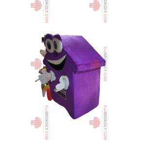 Meget smilende mauve hus maskot. Husdragt