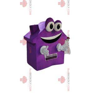 Velmi usměvavý fialový maskot domu. Bytový oblek