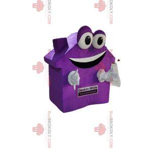 Velmi usměvavý fialový maskot domu. Bytový oblek