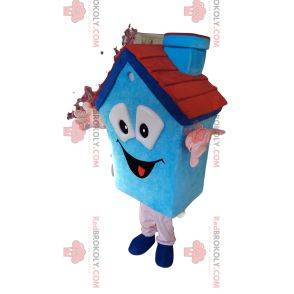 Niebieska maskotka dom z małym kominkiem