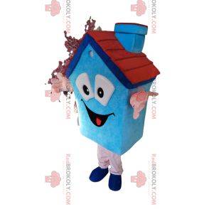Blue house mascot with a small fireplace