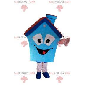 Blue house mascot with a small fireplace