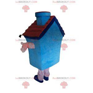 Blue house mascot with a small fireplace