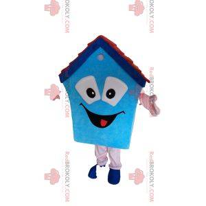 Blue house mascot with a small fireplace