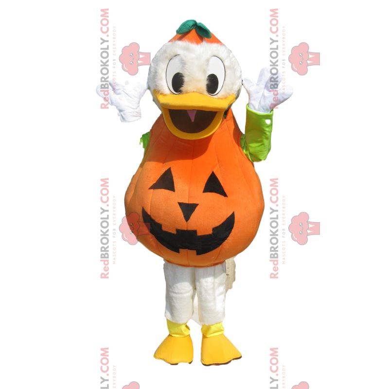 Donald mascotte met een pompoen-outfit