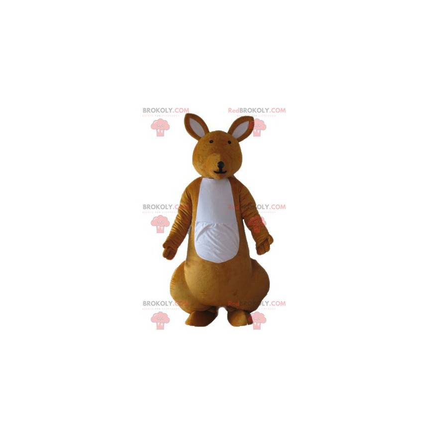 Mascote canguru laranja e branco de muito sucesso -