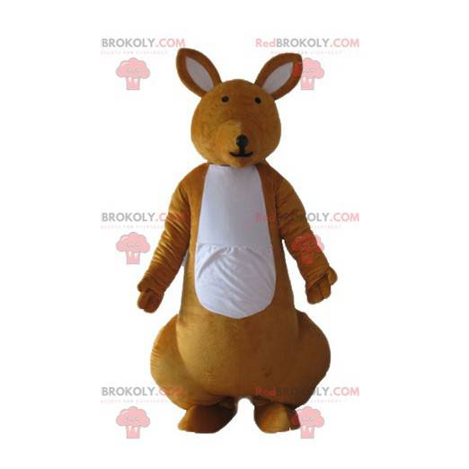 Mascote canguru laranja e branco de muito sucesso -