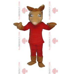 Camel mascot in red outfit