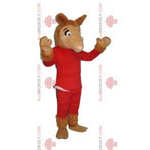 Camel mascot in red outfit