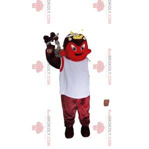 Red devil mascot with a white jersey
