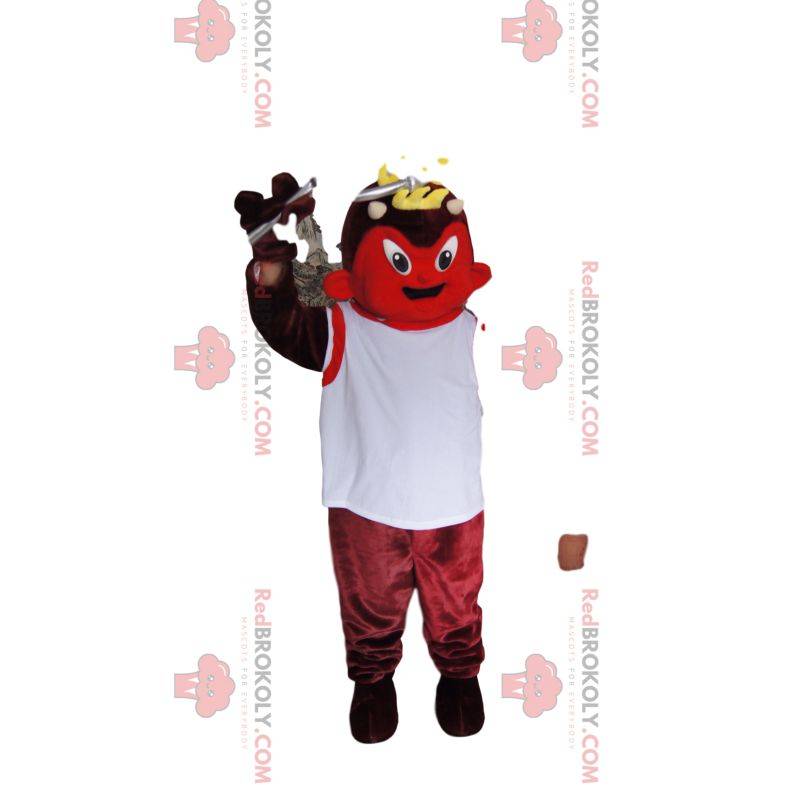 Red devil mascot with a white jersey