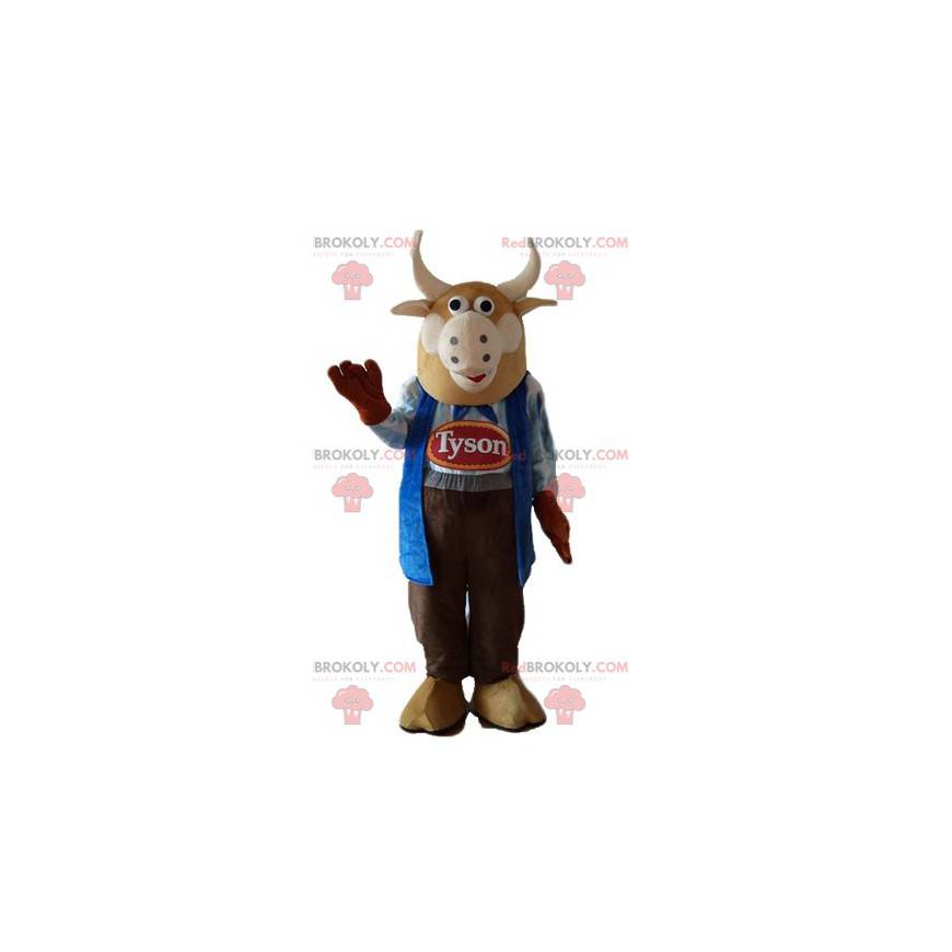 Mascota de vaca toro marrón vestida como un granjero -