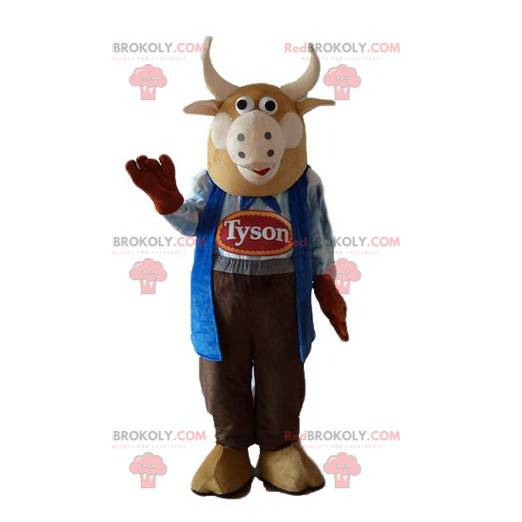 Brun tyr ko maskot klædt som en landmand - Redbrokoly.com