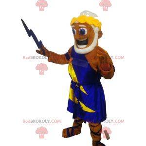 Zeus mascot with a blue and yellow toga