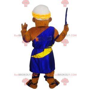 Zeus mascot with a blue and yellow toga