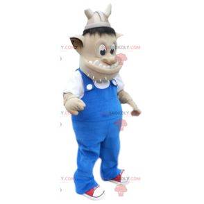 Wikinger-Troll-Maskottchen und blaue Overalls