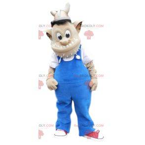 Wikinger-Troll-Maskottchen und blaue Overalls