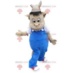 Wikinger-Troll-Maskottchen und blaue Overalls