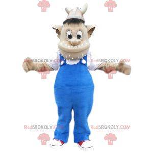 Wikinger-Troll-Maskottchen und blaue Overalls