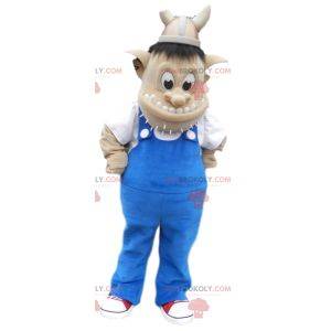 Wikinger-Troll-Maskottchen und blaue Overalls