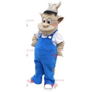 Wikinger-Troll-Maskottchen und blaue Overalls