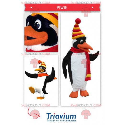 Mascot lindo pingüino blanco y negro vestido con ropa de