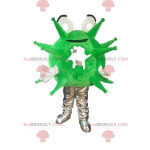 Mascotte del virus verde e grigio fluorescente. Costume da virus