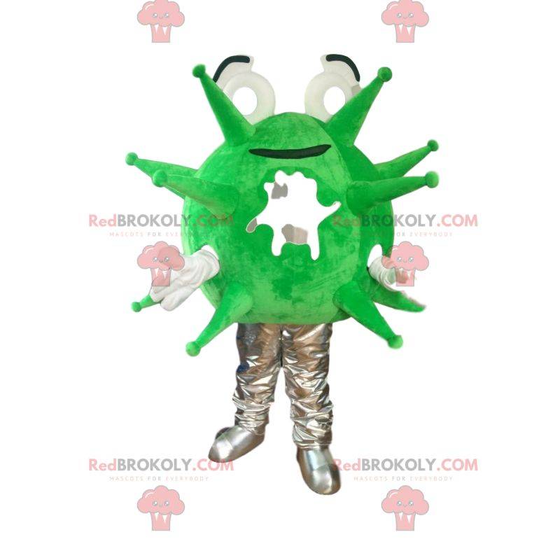 Mascote do vírus verde e cinza fluorescente. Traje de vírus