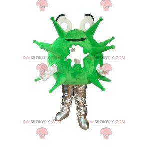 Mascotte de virus vert fluo et gris. Costume de virus