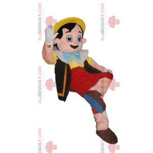 Mascot Pinocchio med sin gule hat. Pinocchio kostume
