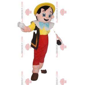 Mascot Pinocho con su sombrero amarillo. Traje de pinocho