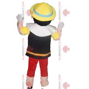 Mascot Pinocchio med sin gule hat. Pinocchio kostume