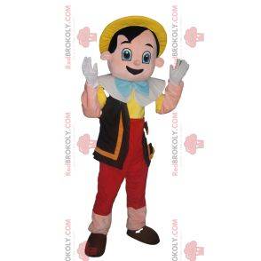 Mascot Pinocchio med sin gule hat. Pinocchio kostume