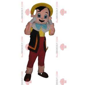 Mascot Pinocho con su sombrero amarillo. Traje de pinocho