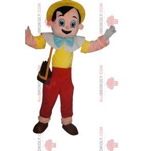 Mascot Pinocchio med sin gule hat. Pinocchio kostume