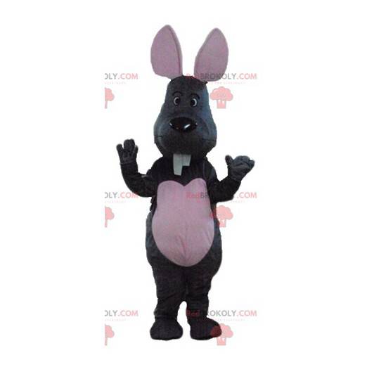 Grå og rosa musemaskot med store tenner - Redbrokoly.com