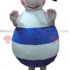 Mascot groot roze blauw en wit varken met een hoed -