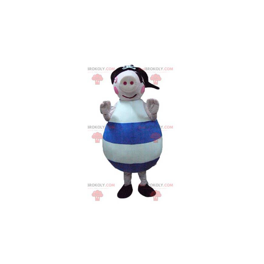Mascotte de gros cochon rose bleu et blanc avec un chapeau -