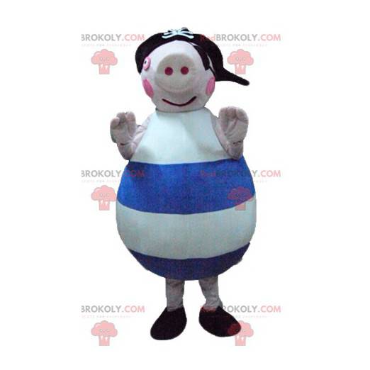 Mascot gran cerdo rosa azul y blanco con sombrero -
