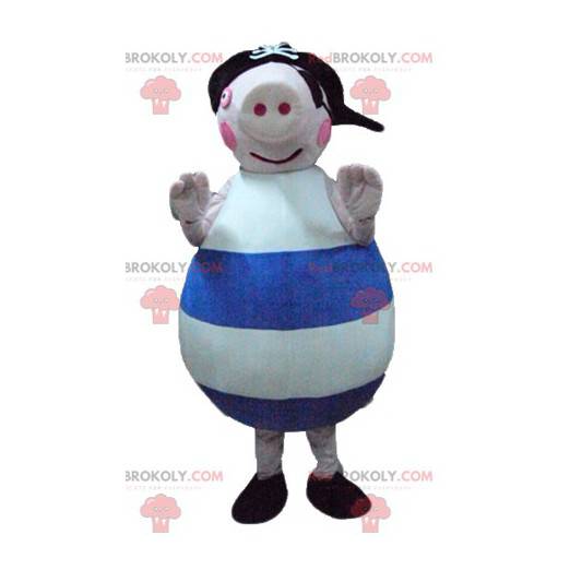 Mascotte de gros cochon rose bleu et blanc avec un chapeau -