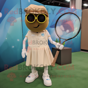 Tan Tennis Racket mascot costume character dressed with a A-Line Dress and Pocket squares