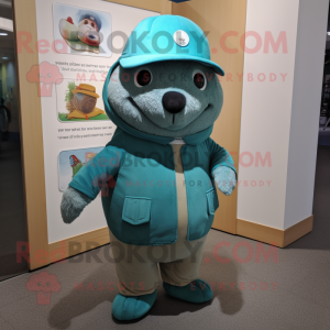 Teal Seal mascot costume character dressed with a Jacket and Hats