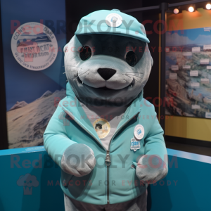 Teal Seal mascot costume character dressed with a Jacket and Hats