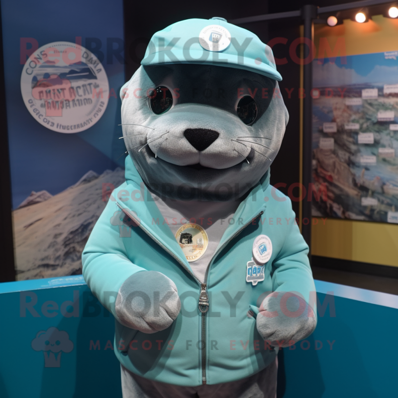 Teal Seal mascot costume character dressed with a Jacket and Hats