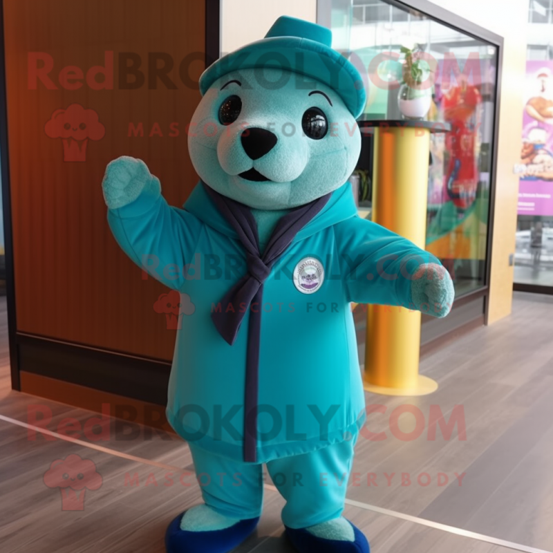 Teal Seal mascot costume character dressed with a Jacket and Hats