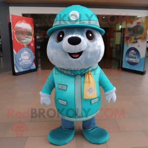 Teal Seal mascot costume character dressed with a Jacket and Hats