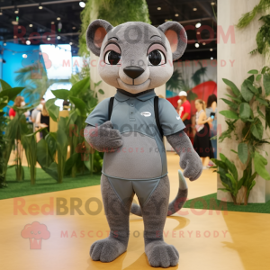 Gray Jaguarundi mascot costume character dressed with a Shorts and Foot pads