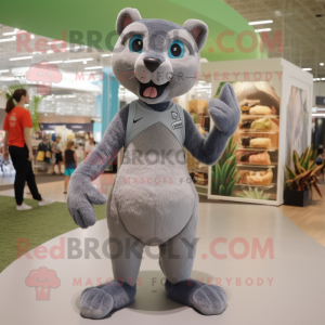 Gray Jaguarundi mascot costume character dressed with a Shorts and Foot pads