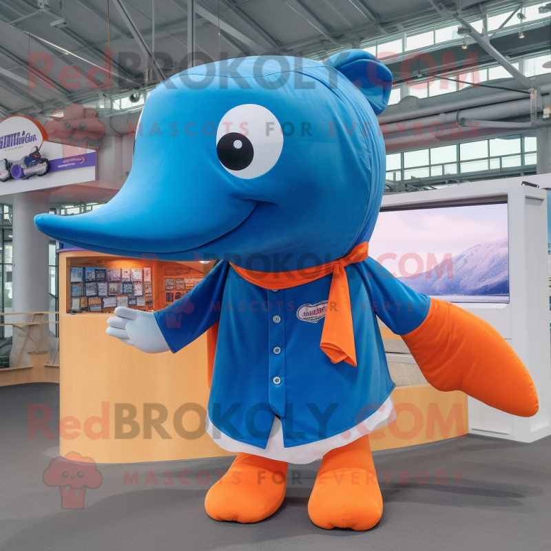 Orange Blue Whale mascot costume character dressed with a Poplin Shirt and Hairpins Orange Blue Whale mascot costume character dressed with a Poplin Shirt and Hairpins
